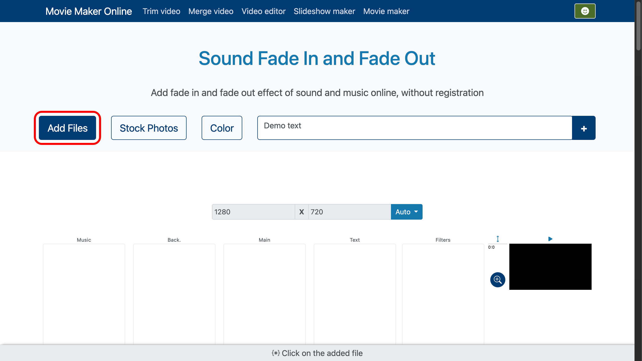 Unggah berkas musik atau video untuk menerapkan efek fade in dan fade out
